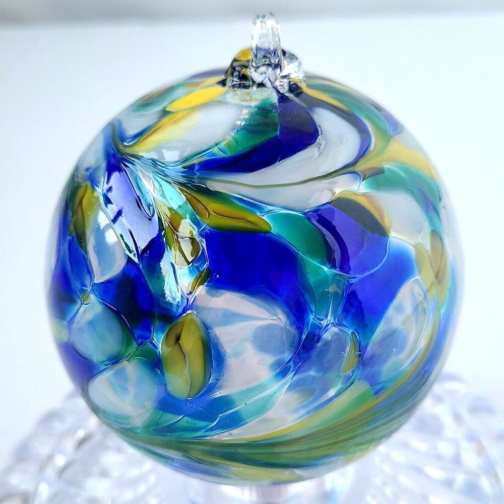 Zorza Artisan Mouth Blown Glass Christmas Ornament Large Round Blue Swirl Poland - Picture 2 of 9